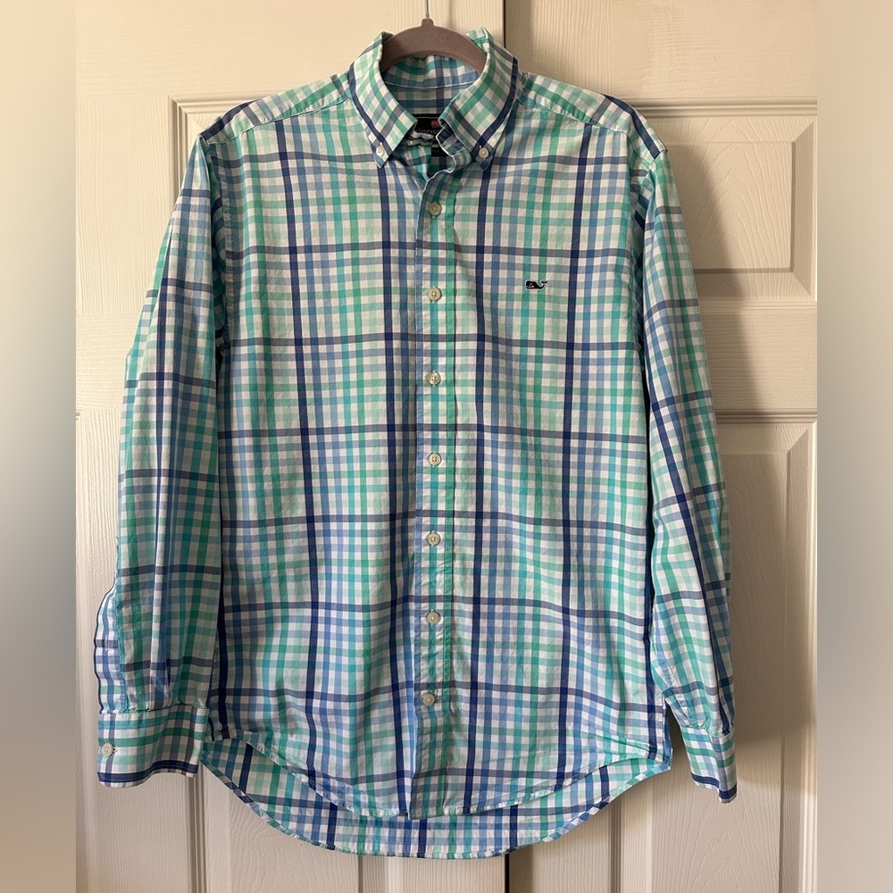 Vineyard Vines Whale Shirt 100% Cotton, blue/green plaid, size Small